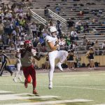 man catching brown football on stadium